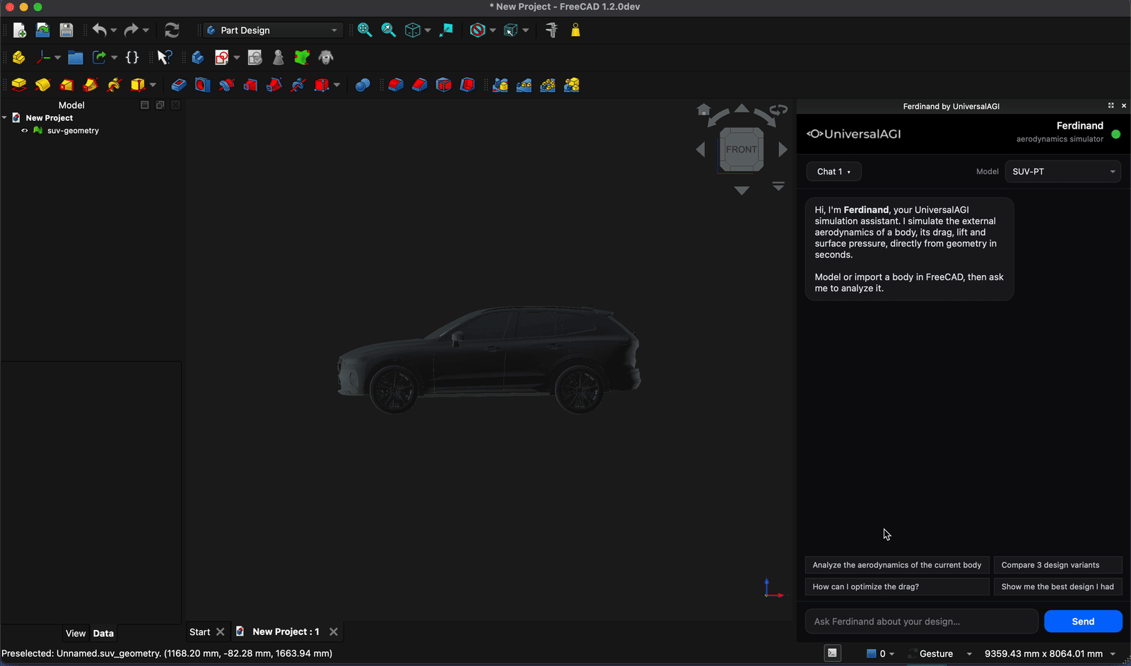 SUV-PT called from inside FreeCAD: a designer evaluates an SUV geometry's aerodynamics without leaving the CAD environment.