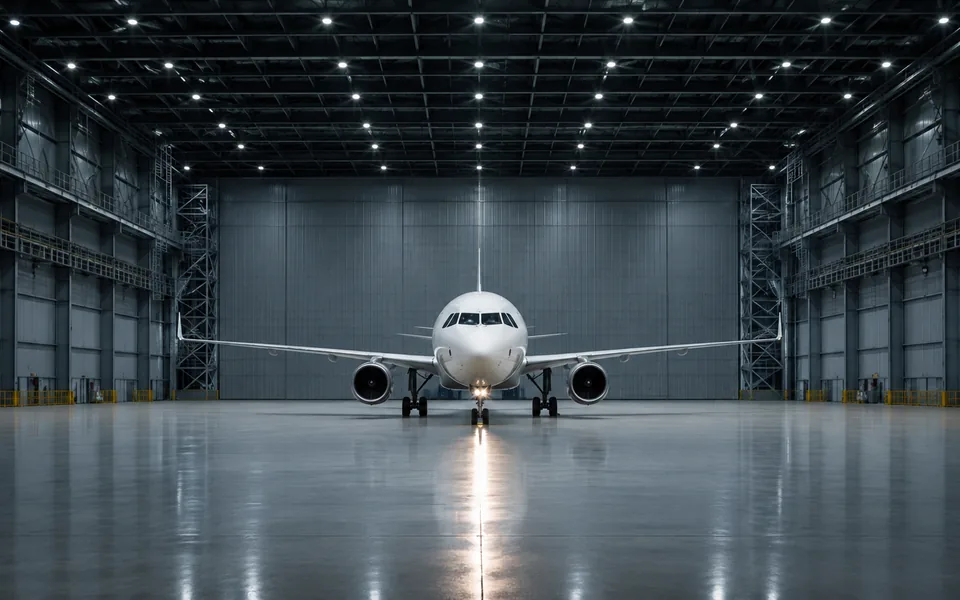 Transport aircraft parked head-on inside a lit maintenance hangar