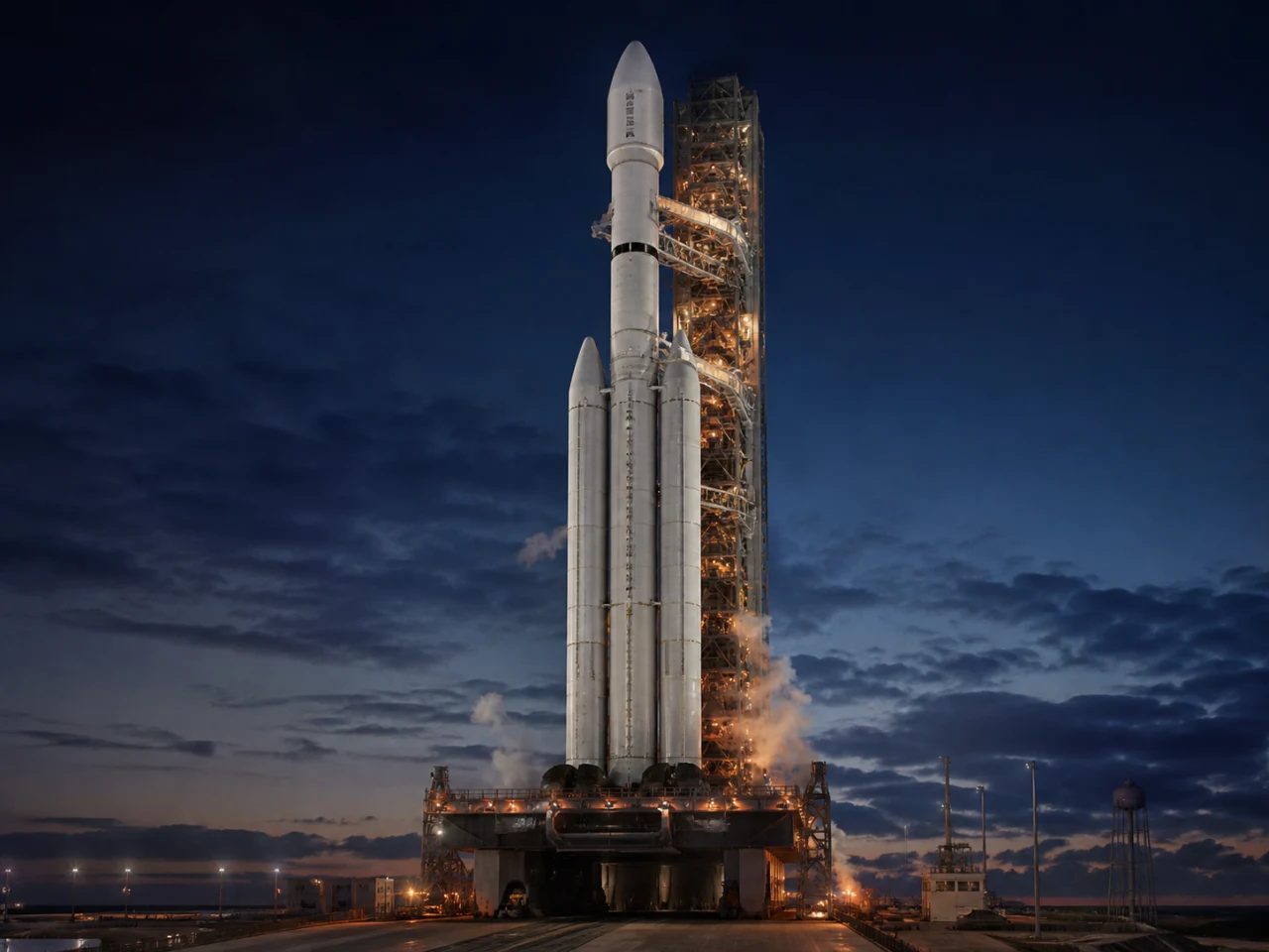 Colossal heavy-lift orbital launch vehicle on an illuminated coastal launch complex