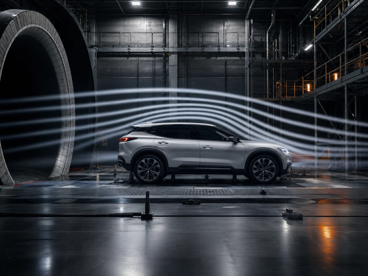 Full-scale production SUV undergoing aerodynamic testing in a vast wind tunnel