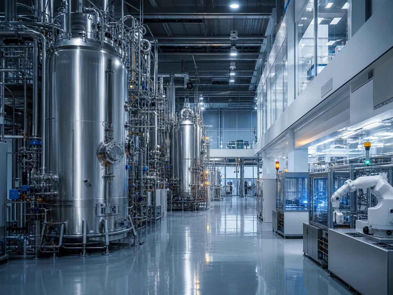 Industrial-scale biomanufacturing facility with monumental stainless-steel bioreactors