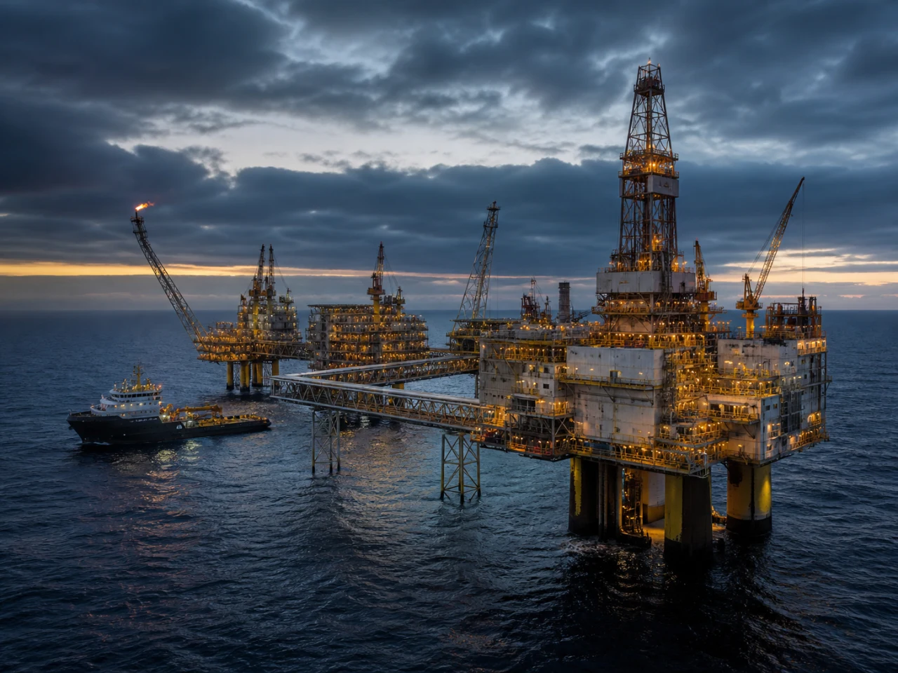 Massive offshore energy platform complex operating at dusk