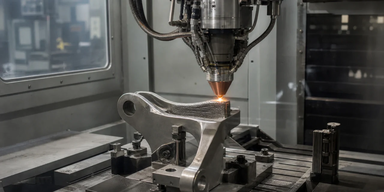 Metal additive manufacturing head building a structural component inside a machine cell