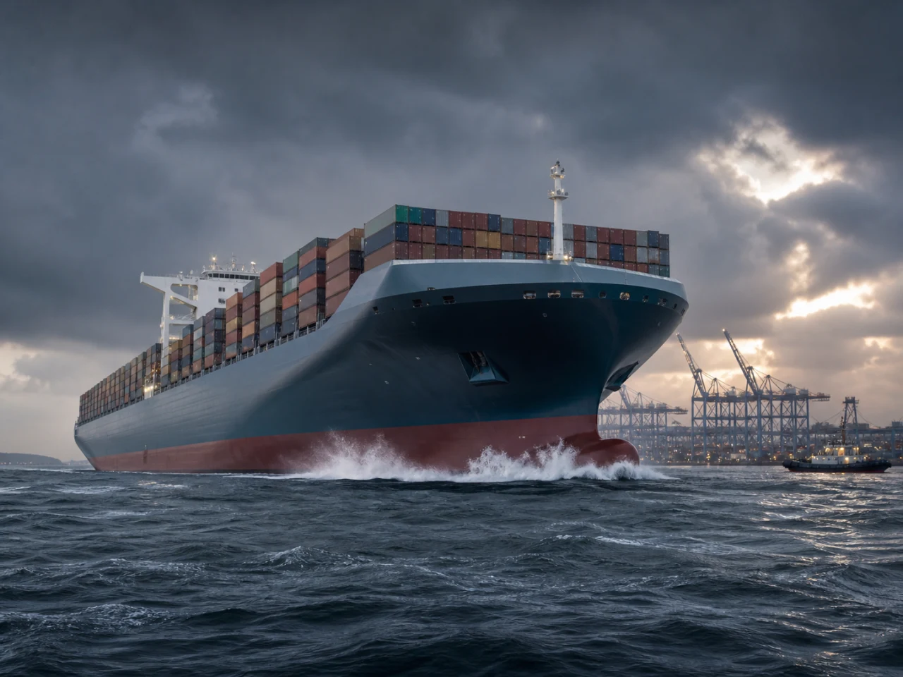 Colossal container ship advancing through heavy seas near a large shipyard