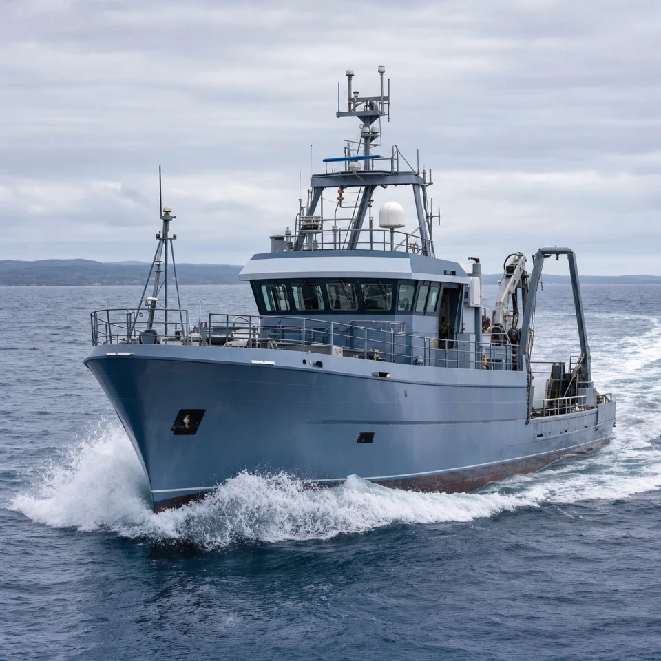 Research vessel underway at sea