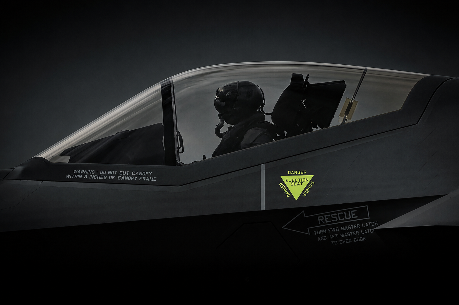Aerospace render — fighter jet cockpit canopy with helmeted pilot, signal-yellow ejection-seat warning placard