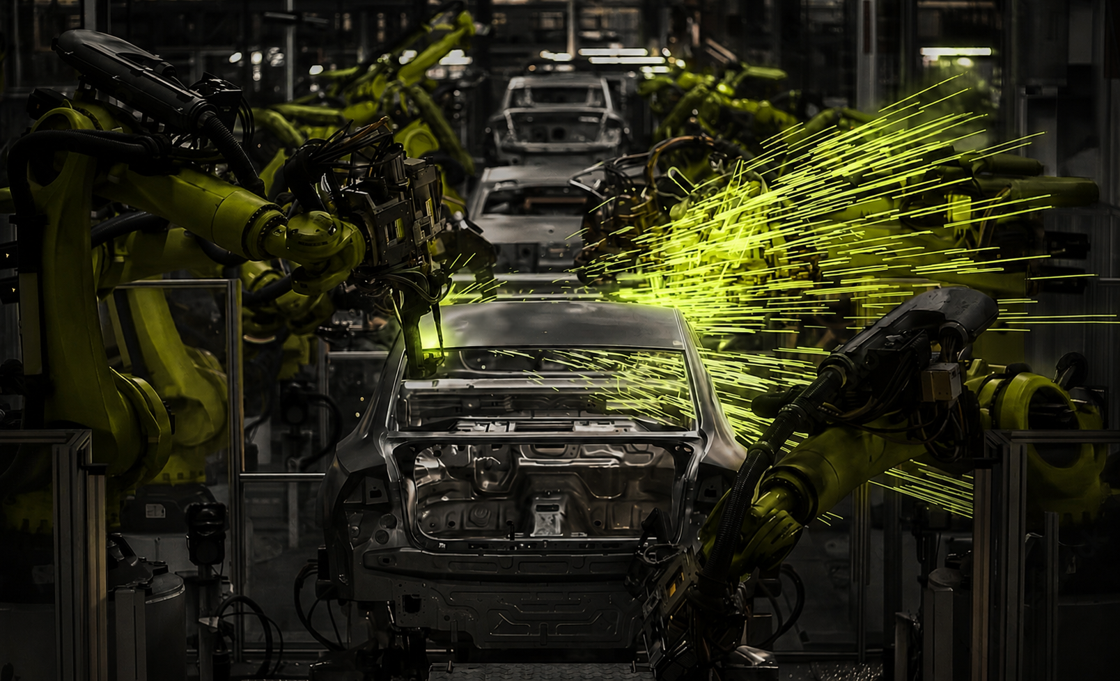 Automotive render — yellow robotic arms welding a car body on an automated assembly line, sparks flying in signal yellow
