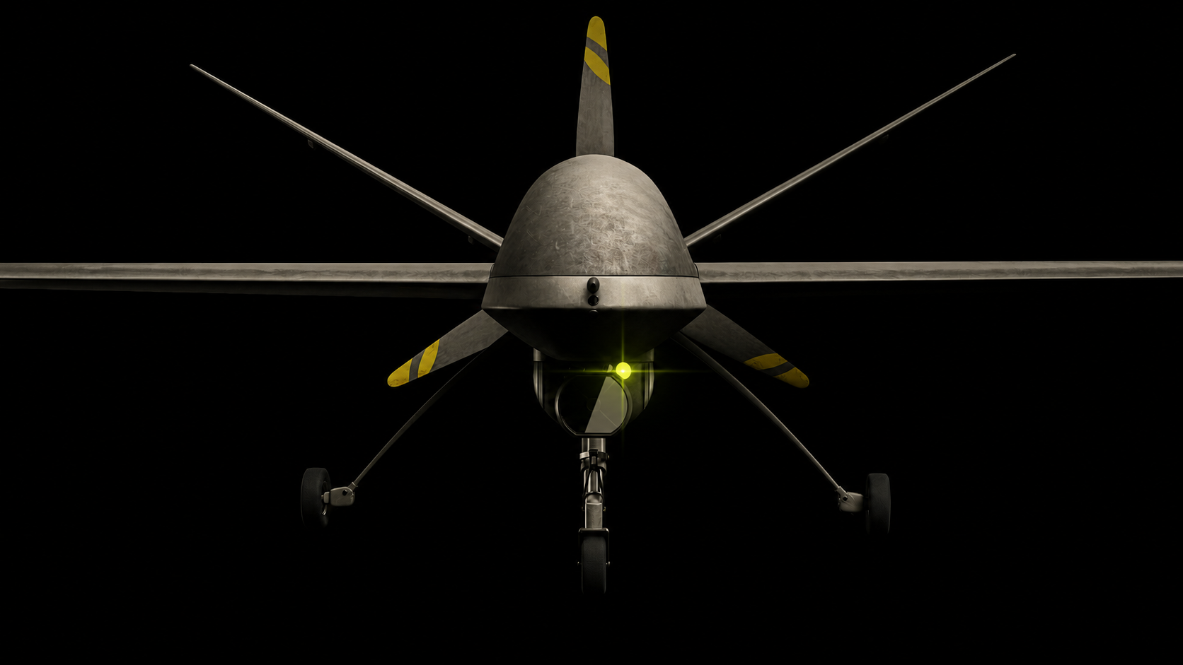 Defense render — unmanned combat aerial vehicle on a ground stand, signal-yellow accents