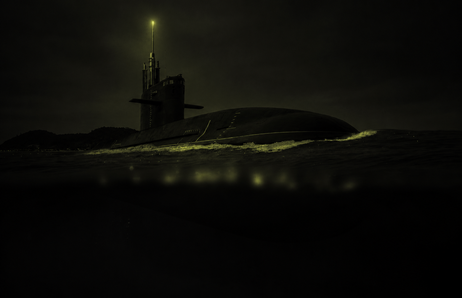 Maritime render — submarine surfaced at night with split-view above and below the waterline, signal-yellow mast light